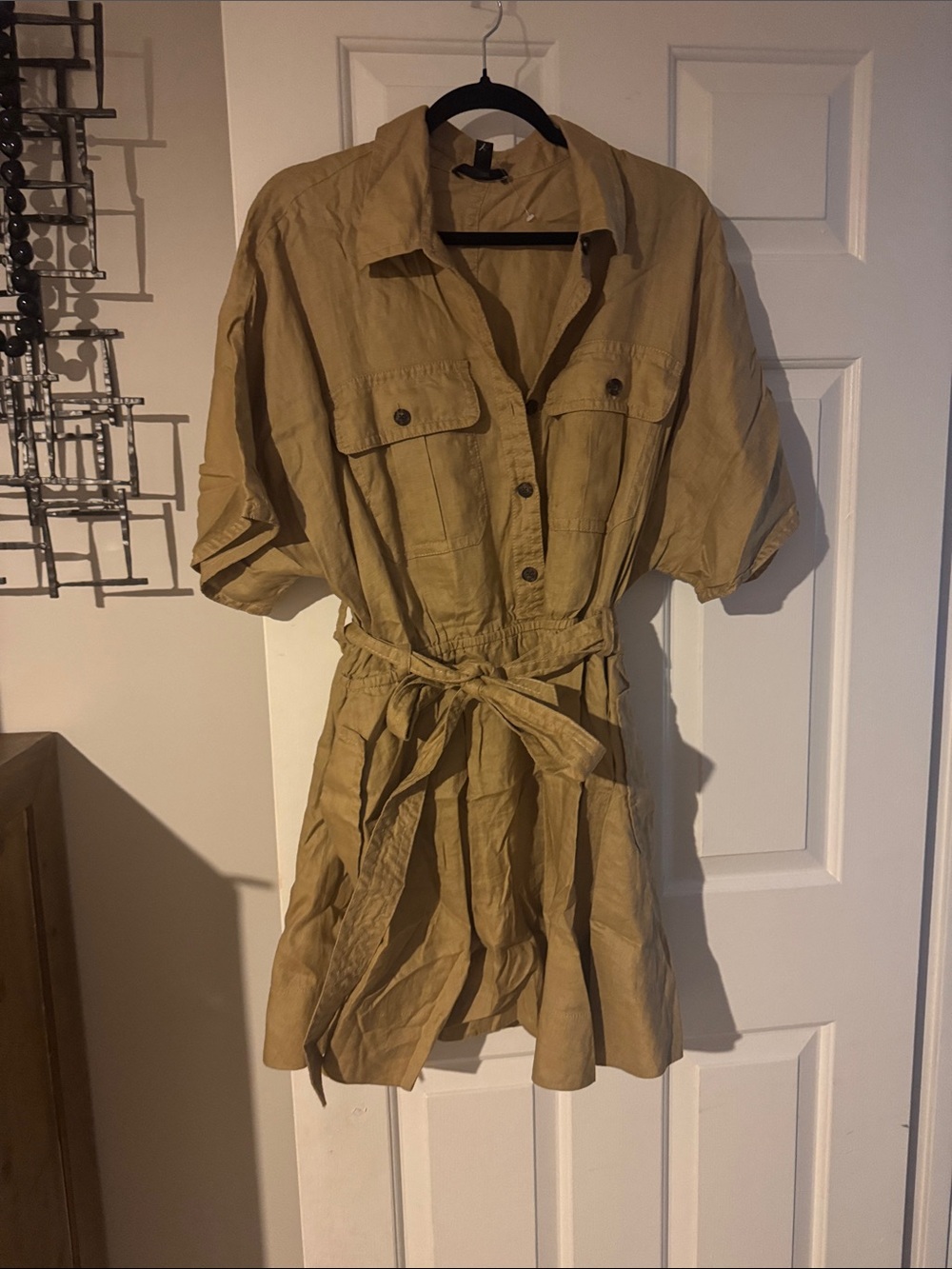 Button-Front Tie-Waist Shirt Dress - Tan